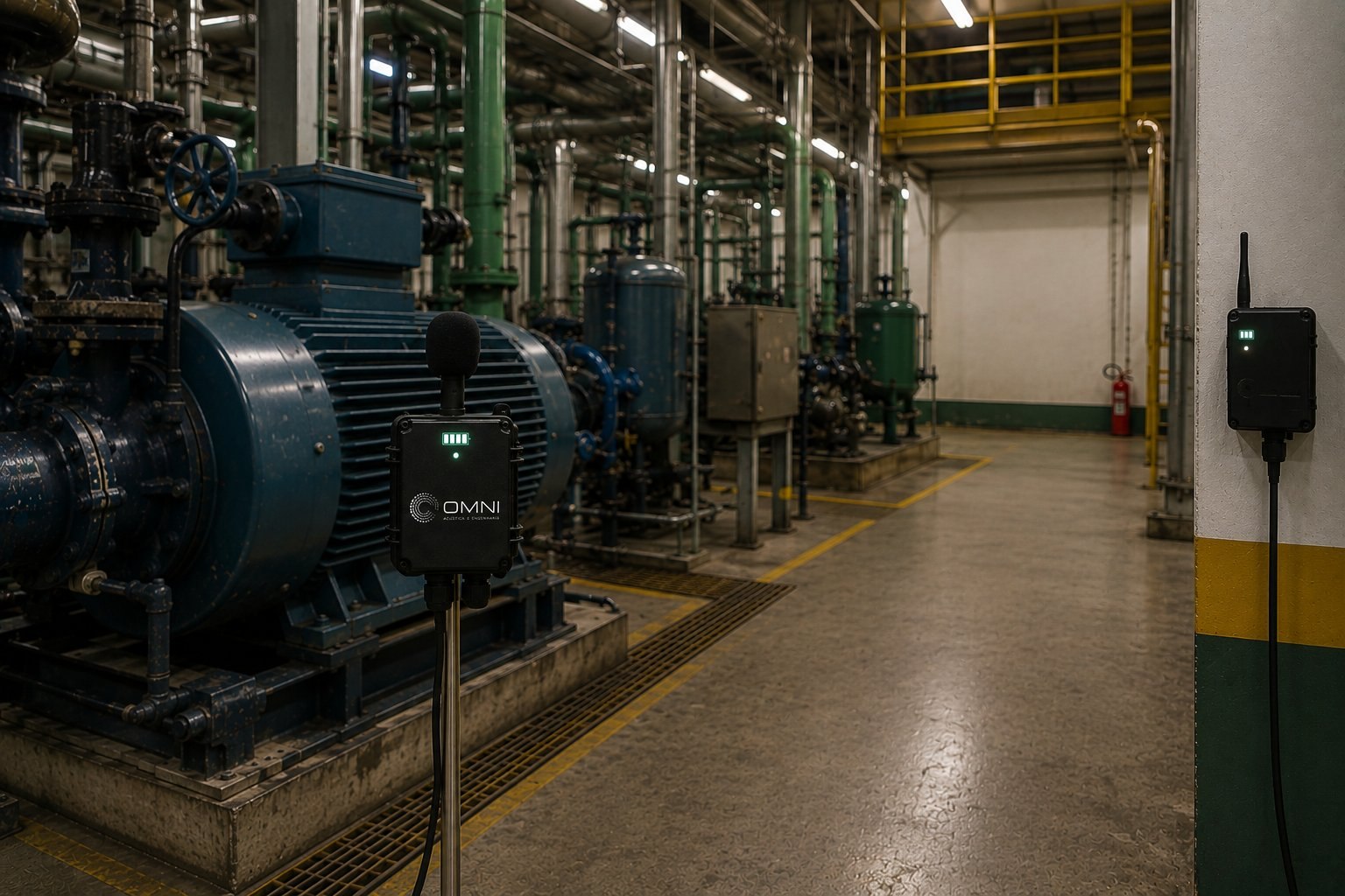 Dois sensores de ruído Omni em monitoramento multiponto de uma casa de máquinas industrial — um em poste junto aos motores e outro fixado na coluna