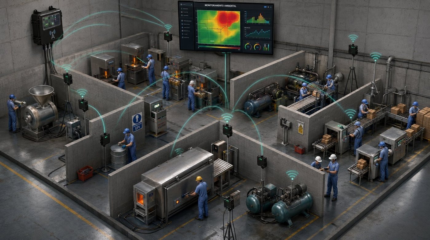 Planta industrial com sensores Omni sem fio distribuídos pelos setores, enviando dados a um painel de monitoramento ambiental com mapa de calor