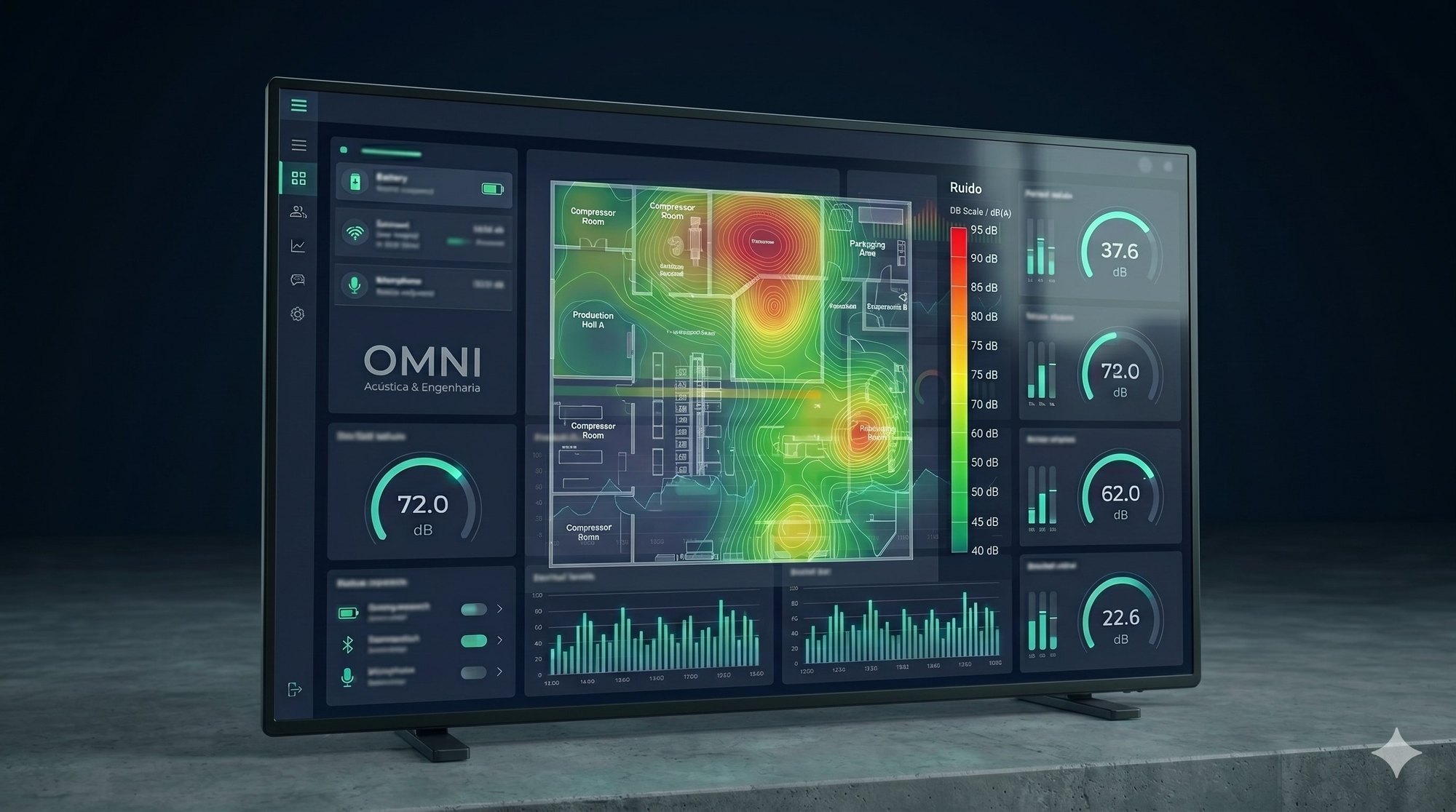 Dashboard Omni com mapa de calor de ruído da planta industrial, medidores em dB e gráficos por setor